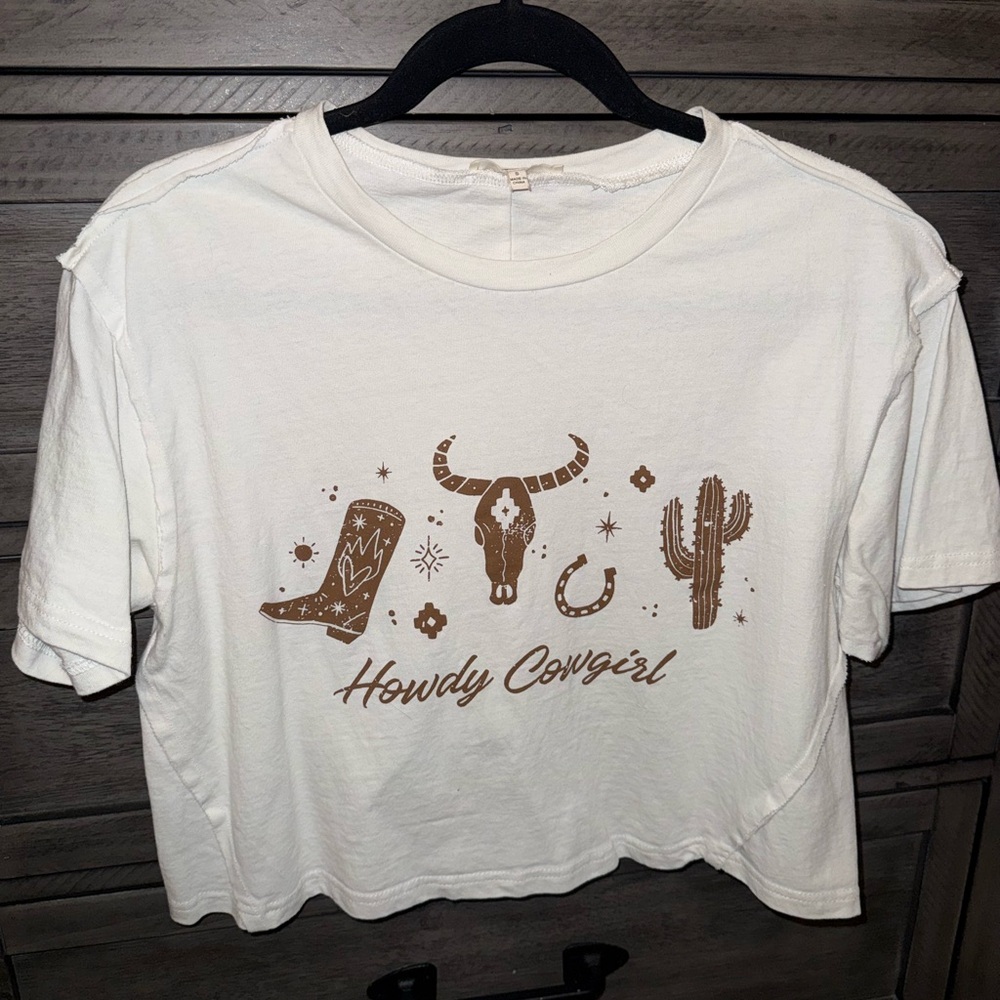 Baevely Western cropped tee womens size small t-shirt white brown graphic howdy